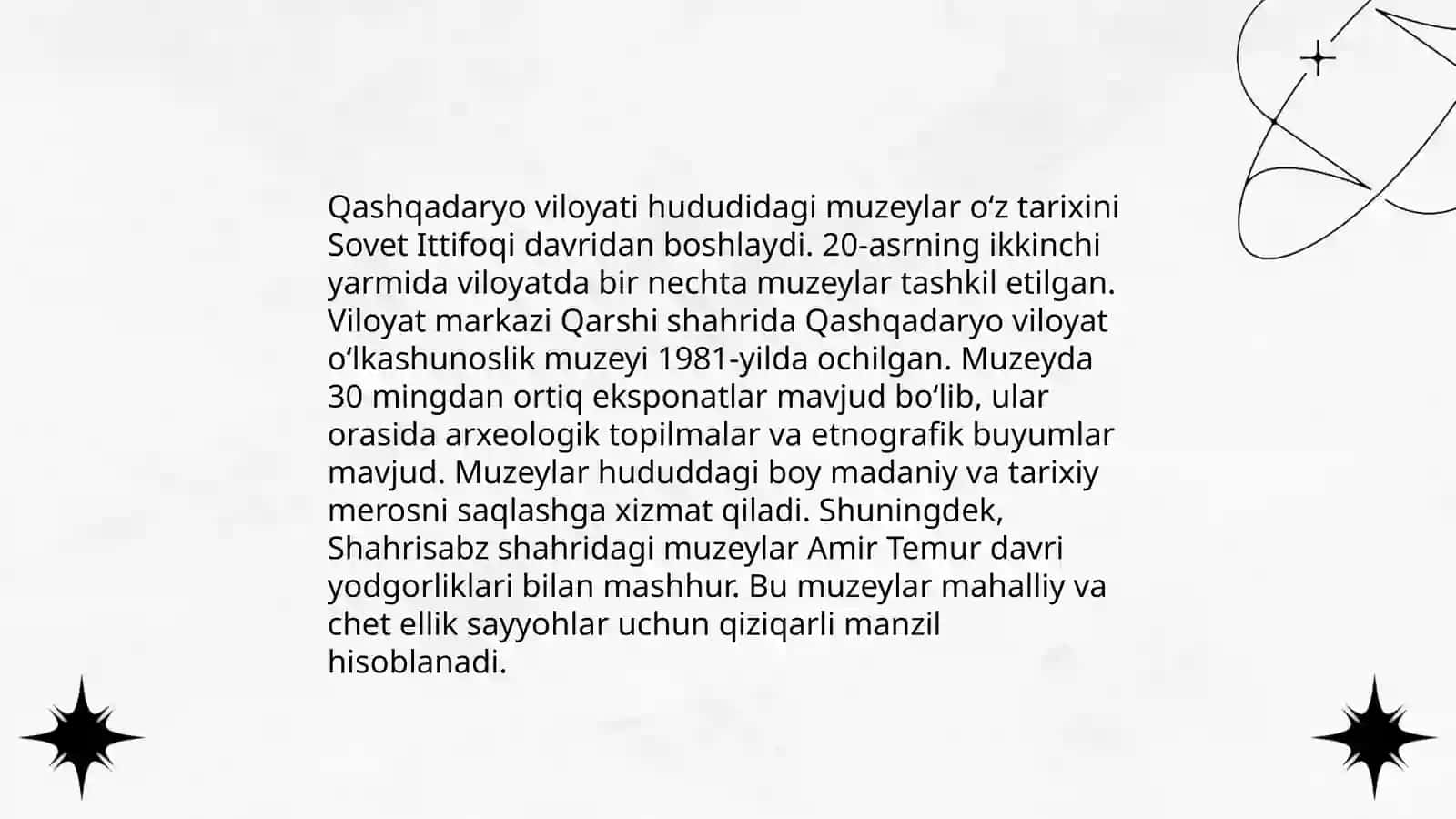 Qashqadaryo viloyati va Surxandaryo viloyatidagi muzeylar haqida 3