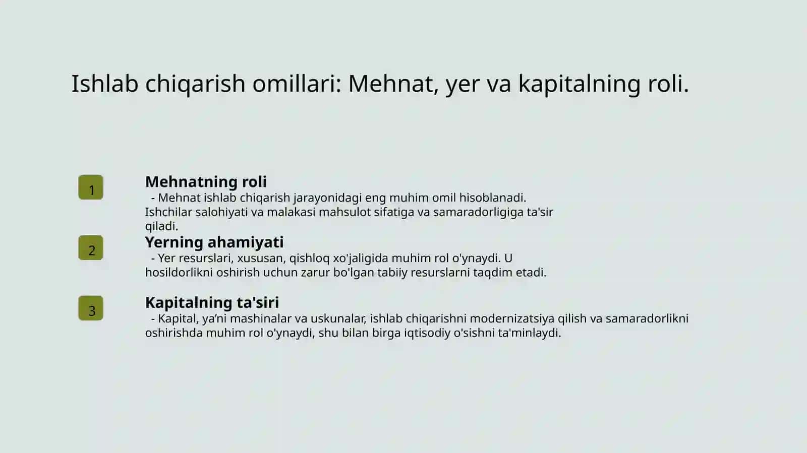 Ishlab chiqarish omillari va ishlab chiqarish omillarining chekli mahsuldorligining kamayish qonuni 3