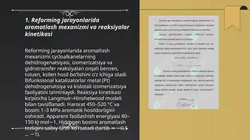 Reforming jarayonlari aromatlash reaksiyalari katalizatorlar roli aromatik sanoatidagi ahamiyati haqida izlanishlar 3