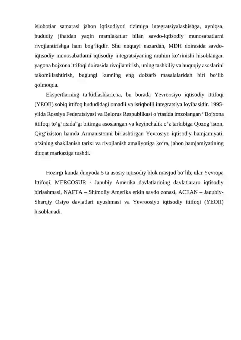 Evro osiyo iqtisodiy ittifoqi bilan hamkorlikning O’zbekiston moliya tizimiga tasiri 3