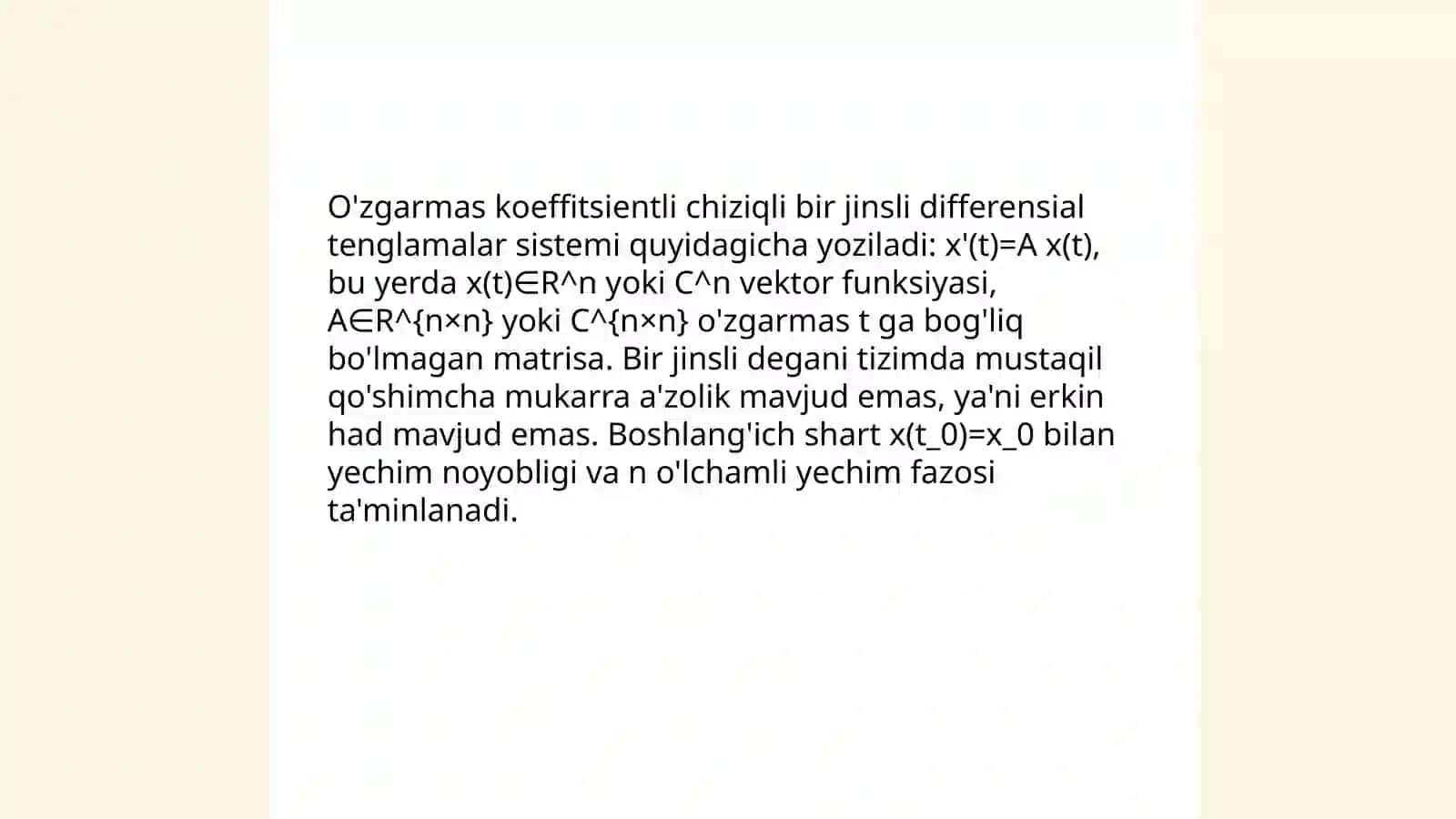 O'zgarmas koeffisentli chiziali bir jinslimas differensial tenglamalar sistemasi 3