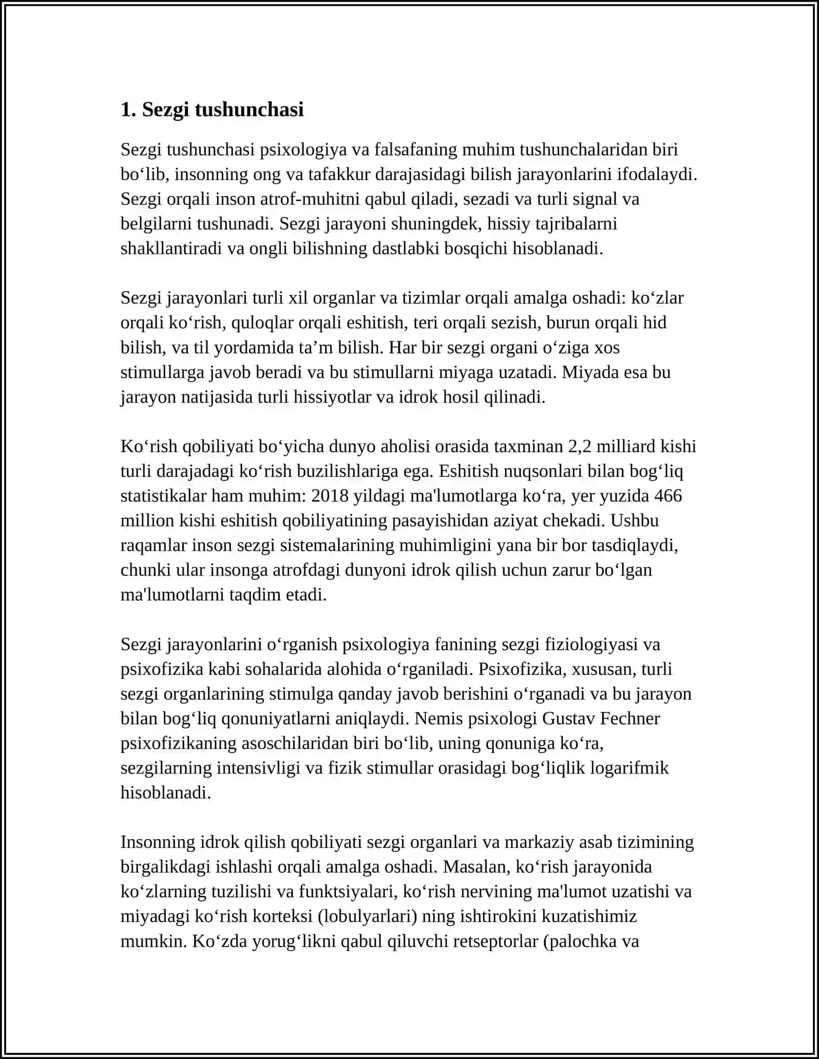 SEZGILAR HAQIDA UMUMIY TUWUNCHA VA UNING NERF FIZIOLOGIK ASOSLARI.SEZGI TURLARI VA UNING QONUNIYATLARI IDROK HAQIDA TUWUNCHA VA UNING XUSUSIYATLARI 3