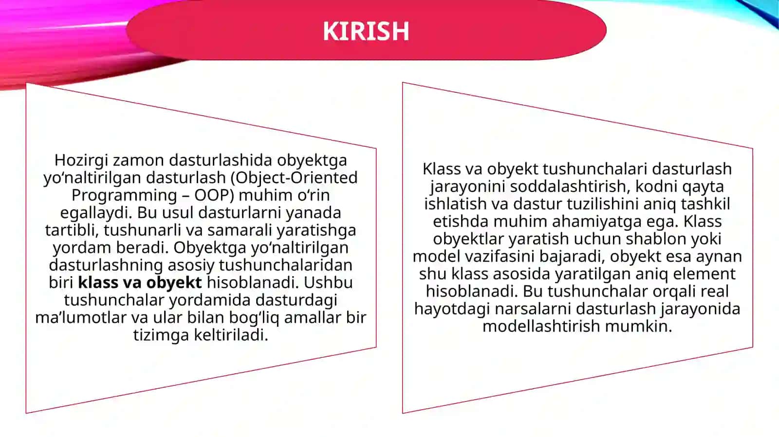Klass va obyekt tushunchalarini misol bilan tushuntiring. 3