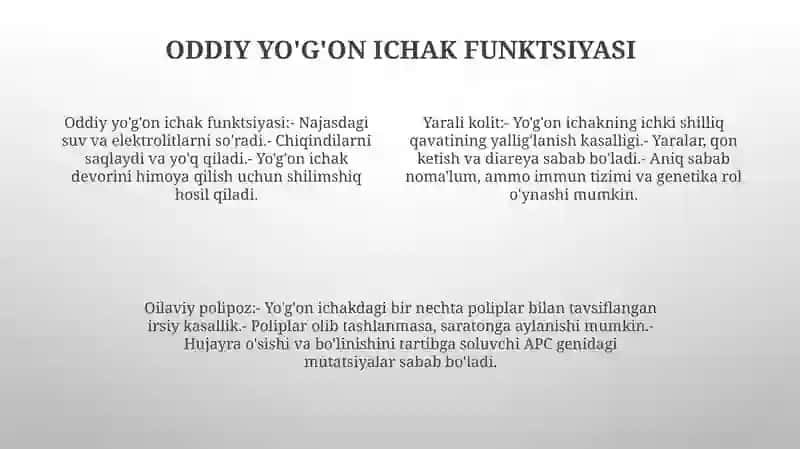 Yo’G’On Ichakning Vazifasi, Yarali Kolit, Kron Kasalligi, Oilaviy Polipozlarning Kelib Chiqish Biokimyoviy Mexanizmlari 3