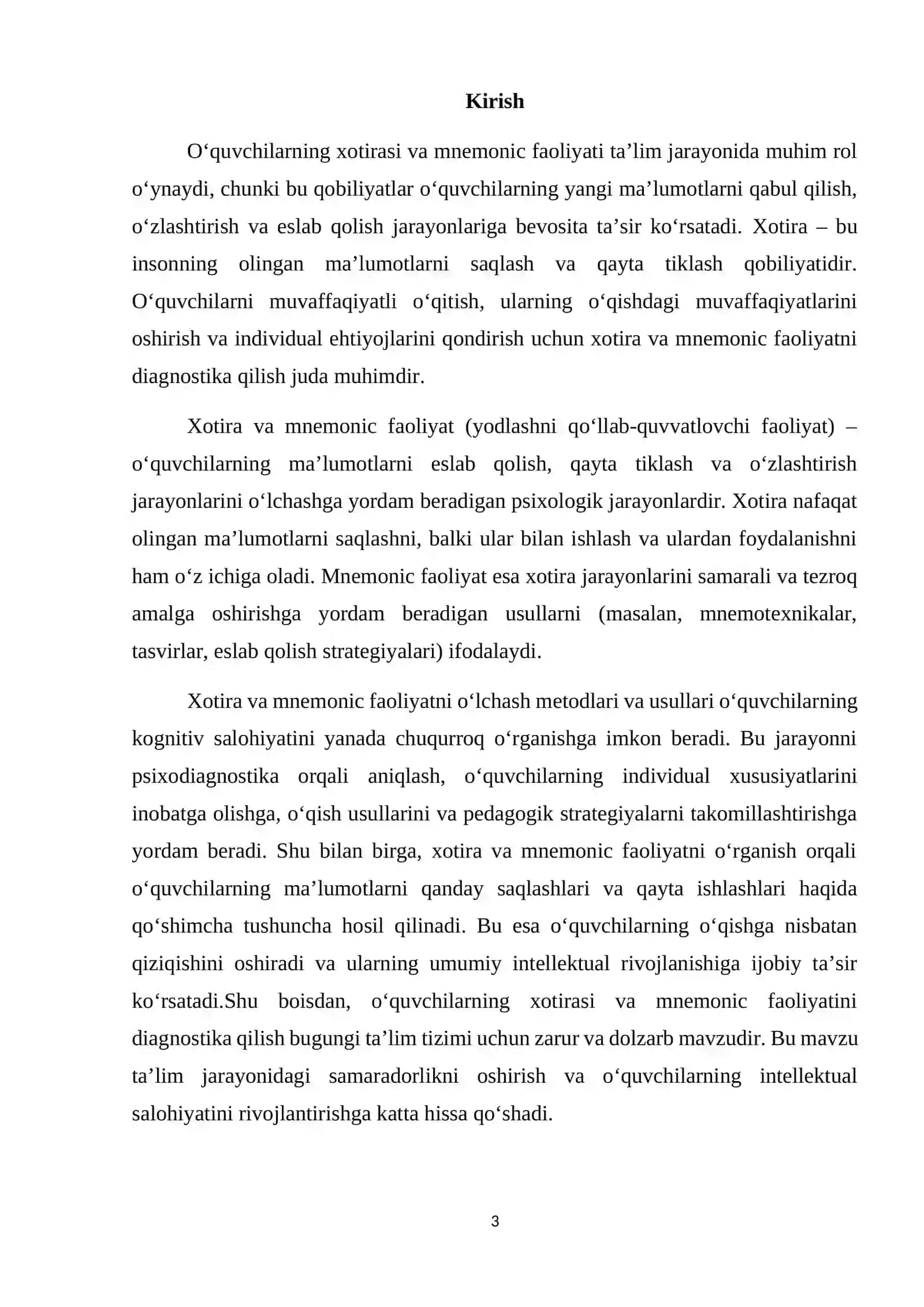 O‘QUVCHILARNING XOTIRASI VA MNEMIK FAOLIYAT DIAGNOSTIKASI 3