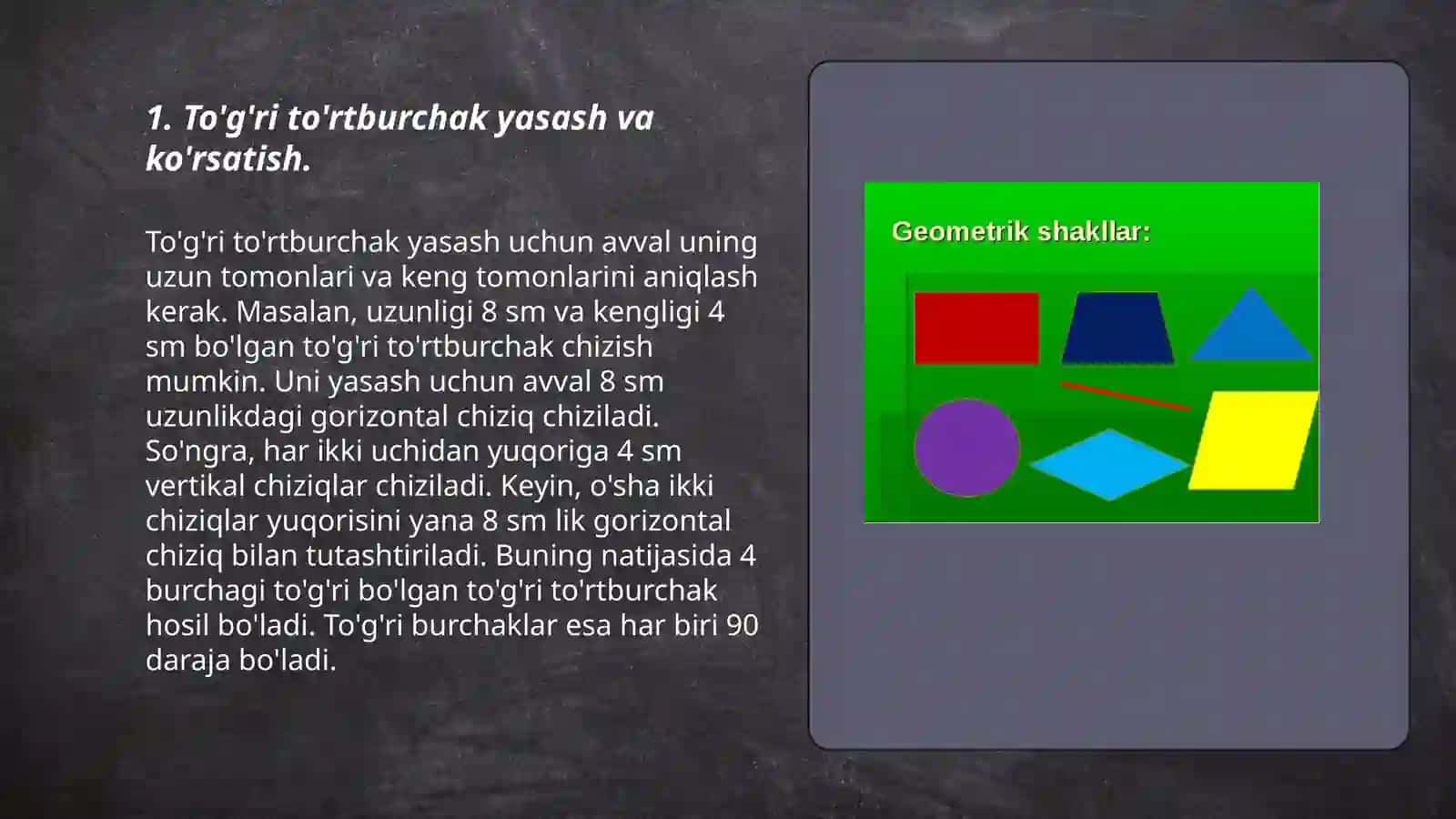 Geometrik figuralarni farqlash va nomini aytishga o‘rgatish. Ko‘rgazmali qurollar yasash 3
