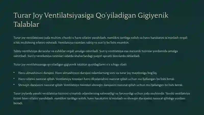 Zamonaviy Turar-joylar va Shaharlardagi Yashash Mavzelariga Bo‘lgan Gigiyenik Talablar 3