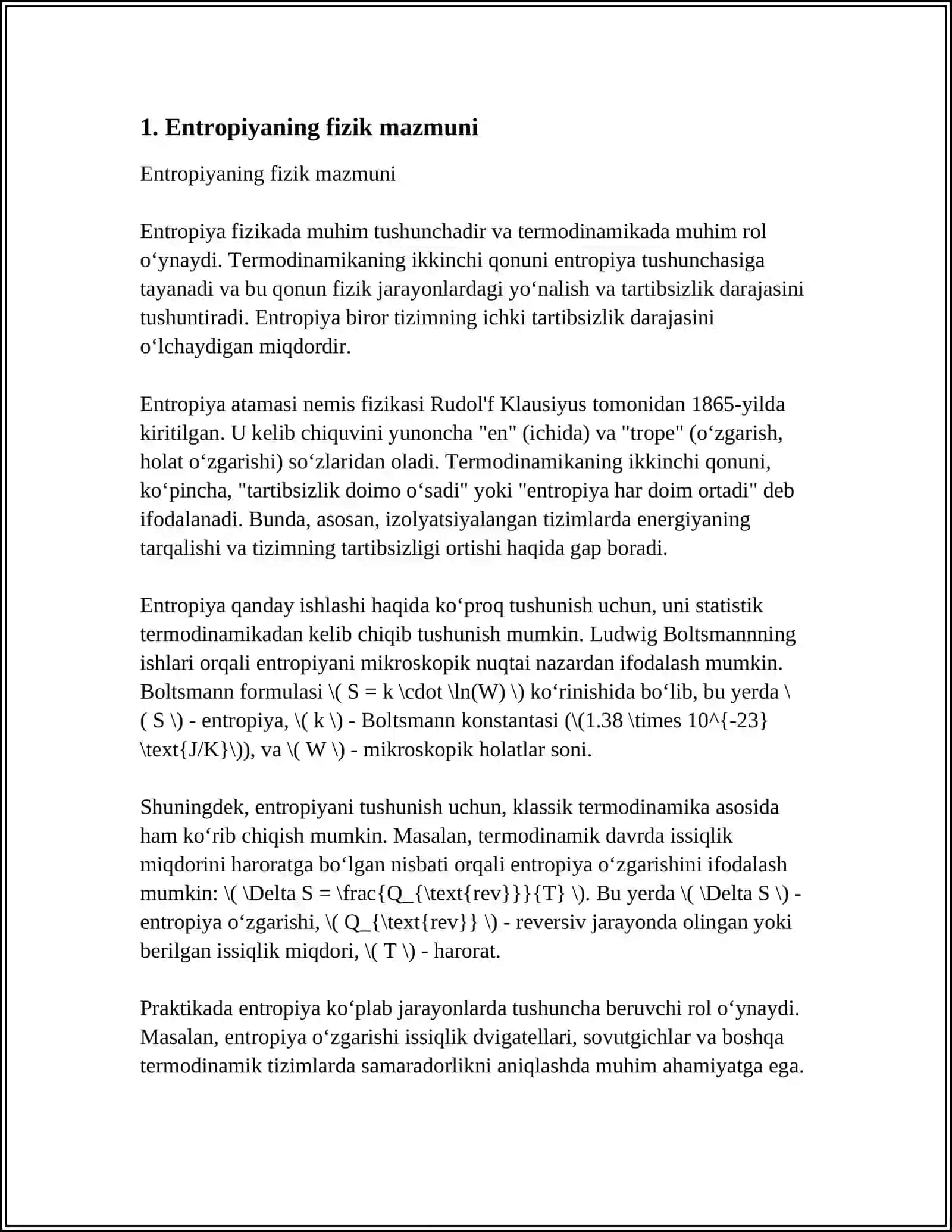 OCHIQ TIZIMLARDA ENTROPIYANING LOKAL KAMAYISHI. DISSIPATIV STRUKTURALAR 3