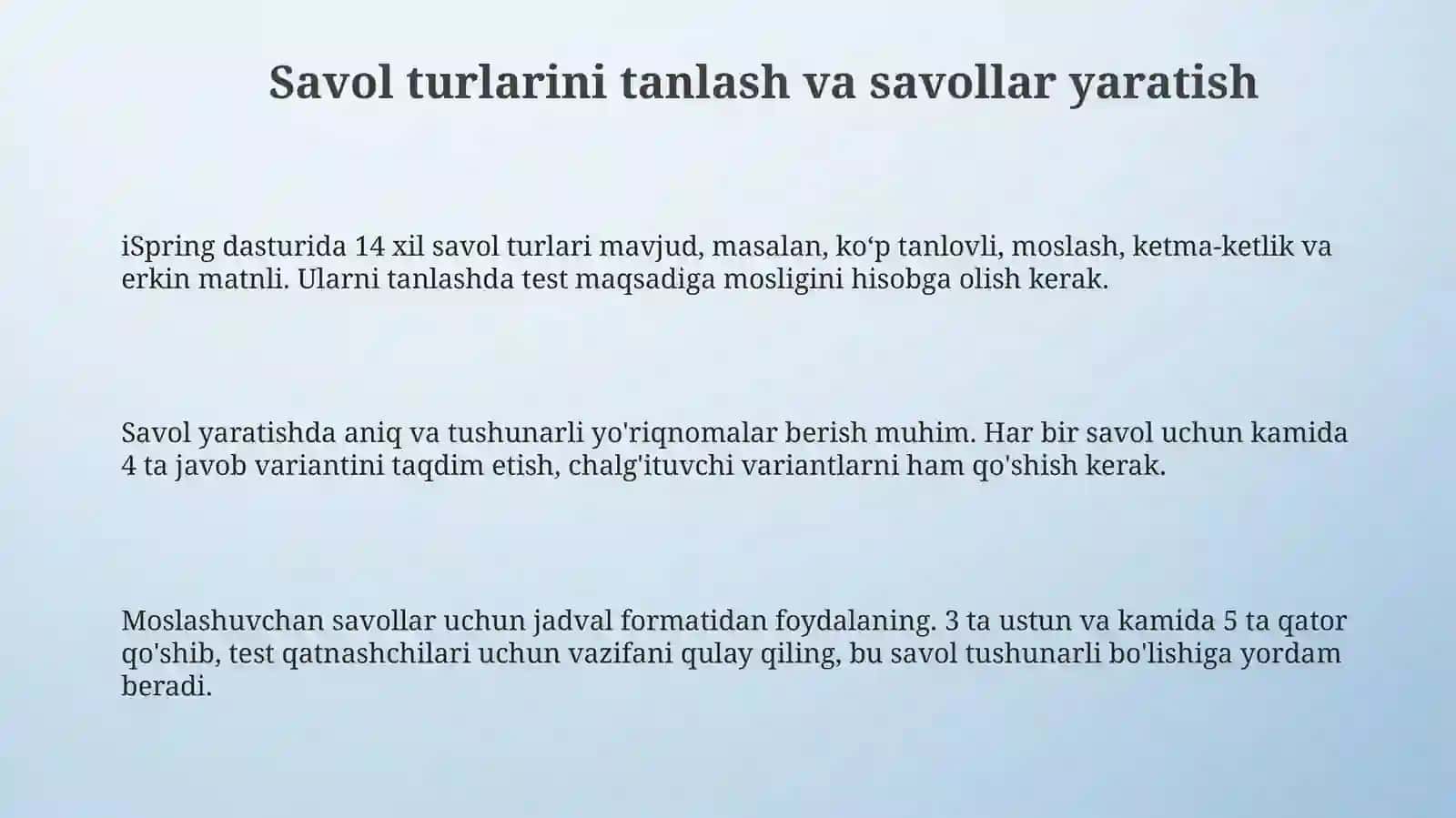 Ispring dasturida test yaratish 3