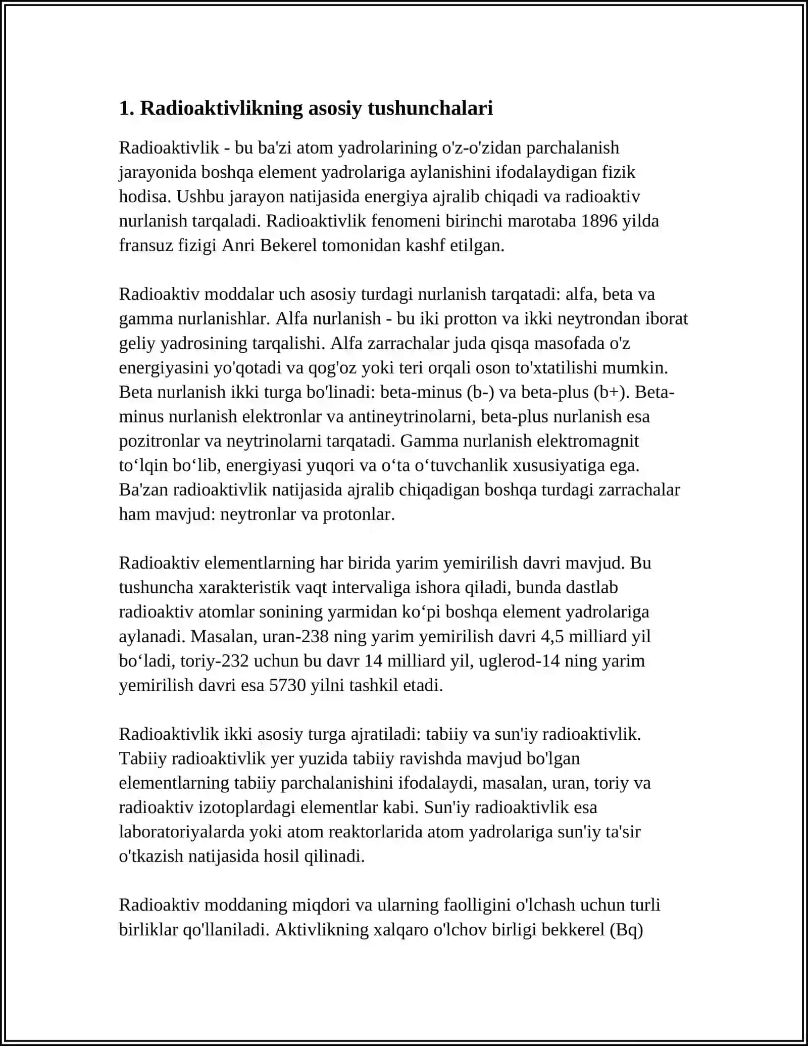 RADIOAKTIVLIK HAQIDA TUSHUNCHA VA UNDAN TIBBIYOTDA FOYDALANISH DOZA VA UNING BIRLIKLARI 3