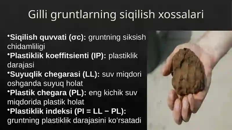 Gilli gruntlarning siqilish (deformatsiyalanish) xossalarini ifodalaydigan asosiy ko‘rsa 3