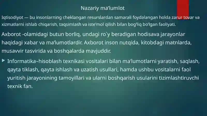 “Iqtisodiyotda axborot-kommunikatsion texnologiyalar va tizimlar“ faniga kirish 3