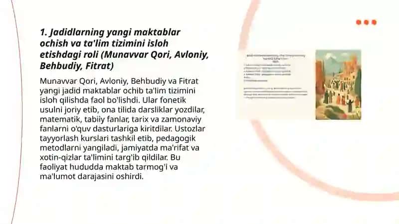 Jadid maʼrifatparvarining oʻlka ijtimoiy-ma'naviy hayotida tutgan oʻrni ( Munavvar Qori, Fitrat, Behbudiy, Avloniy va b.) 3