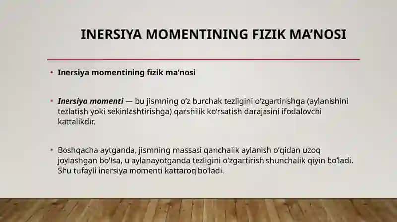 Inersiya momentining fizik ma’nosi, turli shakldagi jismlarning “xalqa’’ disk, ingichka devorli silindr, strjen parallelopiped, sfera, sharning inersiya momentlarini hisoblash formalarini keltirib chiqarish 3