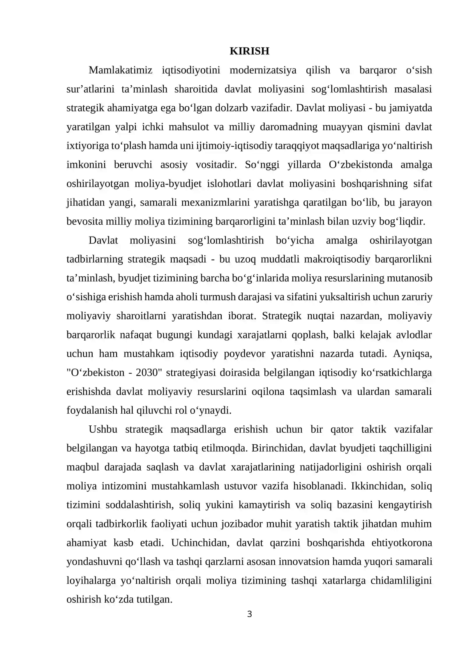Davlat moliyasini sog‘lomlashtirish yuzasidan amalga oshirilayotgan tadbirlar va ularning strategik maqsadlari va taktik vazifalari 3
