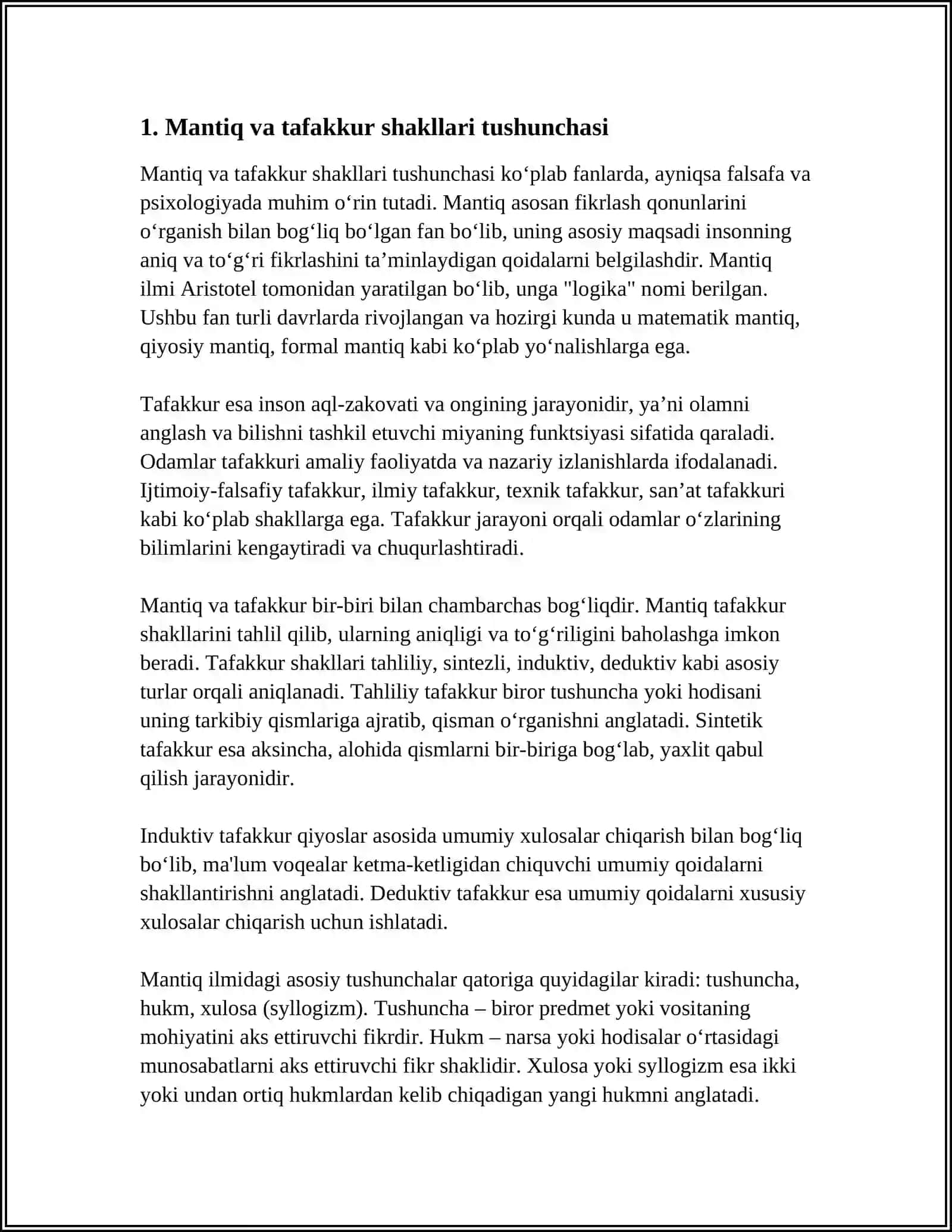MANTIQ. TAFAKKUR SHAKLLARI: TUSHUNCHA, HUKM VA XULOSA 3