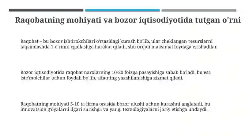 Raqobat va uning bozor iqtisodiyotidagi roli.Raqobat turlari va modellari 3