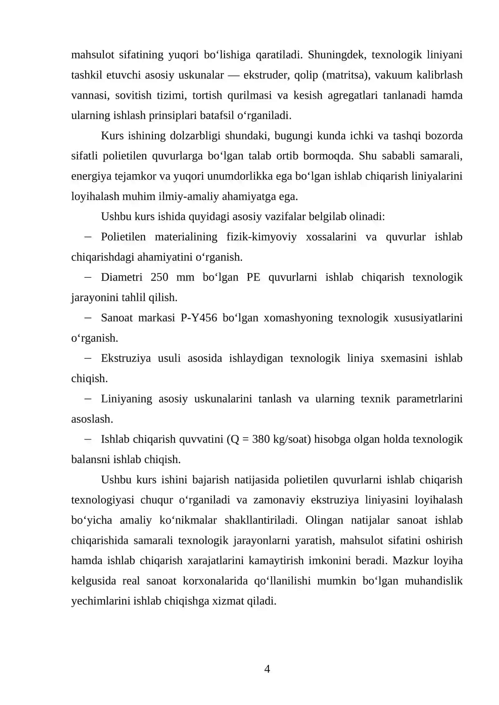 Sanoat markasi P-Y456 boʻlgan PE dan diametri 250 mm truba chiqarish texnologik liniyasini loyihalash. Q=380 kg/soat. 3
