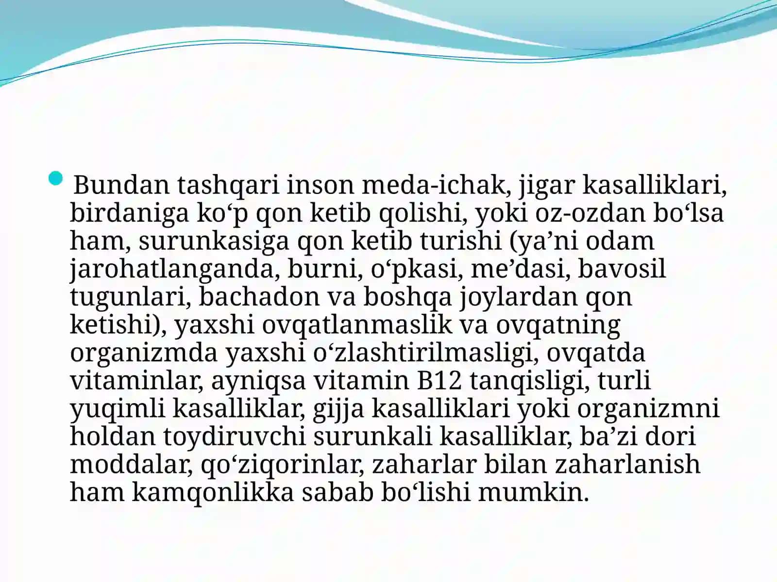 Kamqonlik (nemiya) kelib chiqishi sabablari 3