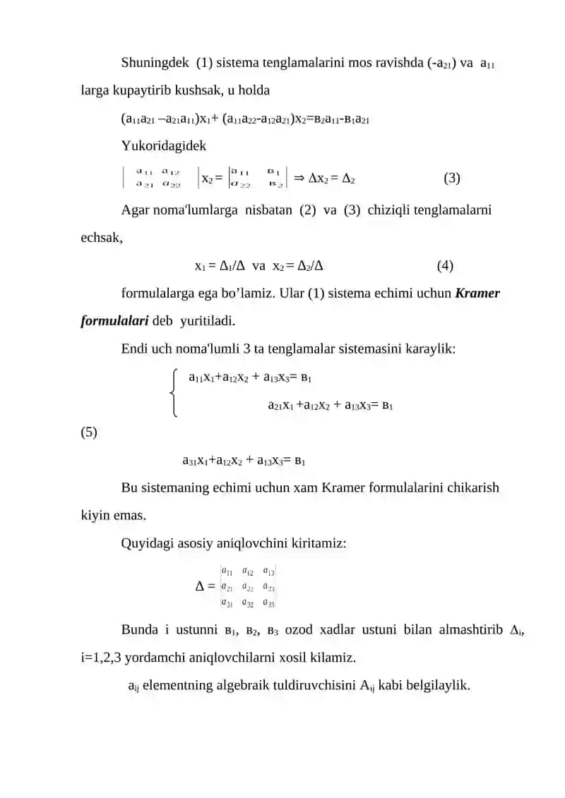 Chiziqli tеnglamalar sistеmasini еchishning kramеr va gauss usullari 3