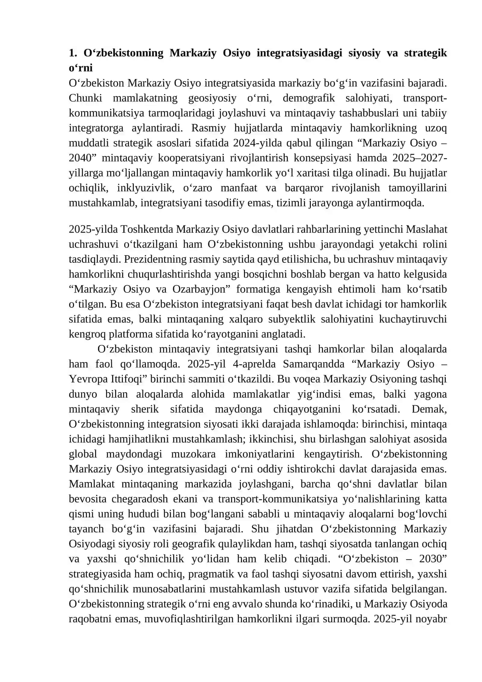 : O‘zbekistonning Markaziy Osiyo mamlakatlari bilan integratsiyasi
Reja: 3