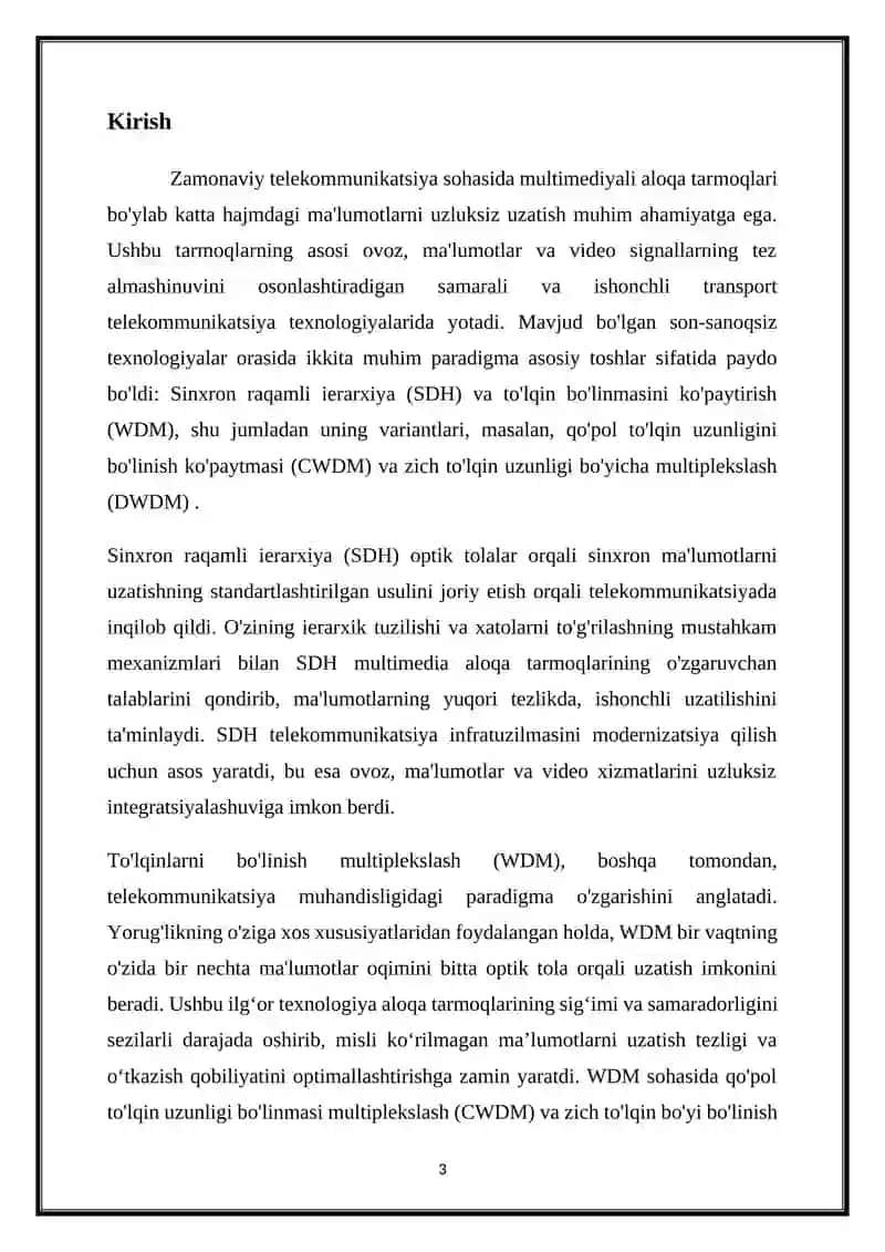 MULTIMEDIA ALOQA TARMOG‘INING TRANSPORT TELEKOMMUNIKATSIYA TEXNOLOGIYALARI - SINXRON RAQAMLI IERARXIYA, TO‘LQIN SIQUVI 3