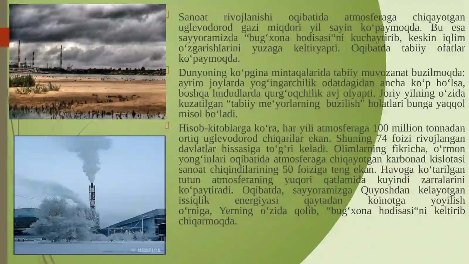 IQLIM OʻZGARISHINI KELTIRIB CHIQARUVCHIMANBALAR VA OMILLAR 3