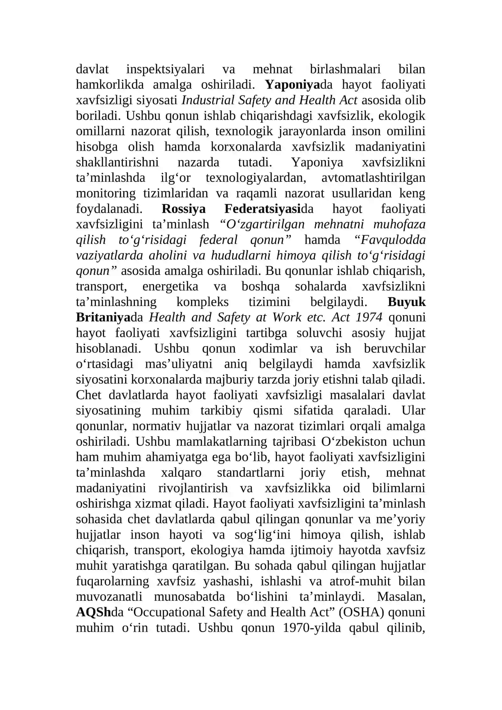 Hayot faoliyati xavfsizligini ta’minlashga oidchet davlatlarda qabul qilingan qonunlar va me’yoriyhujjatlar tahlili 3