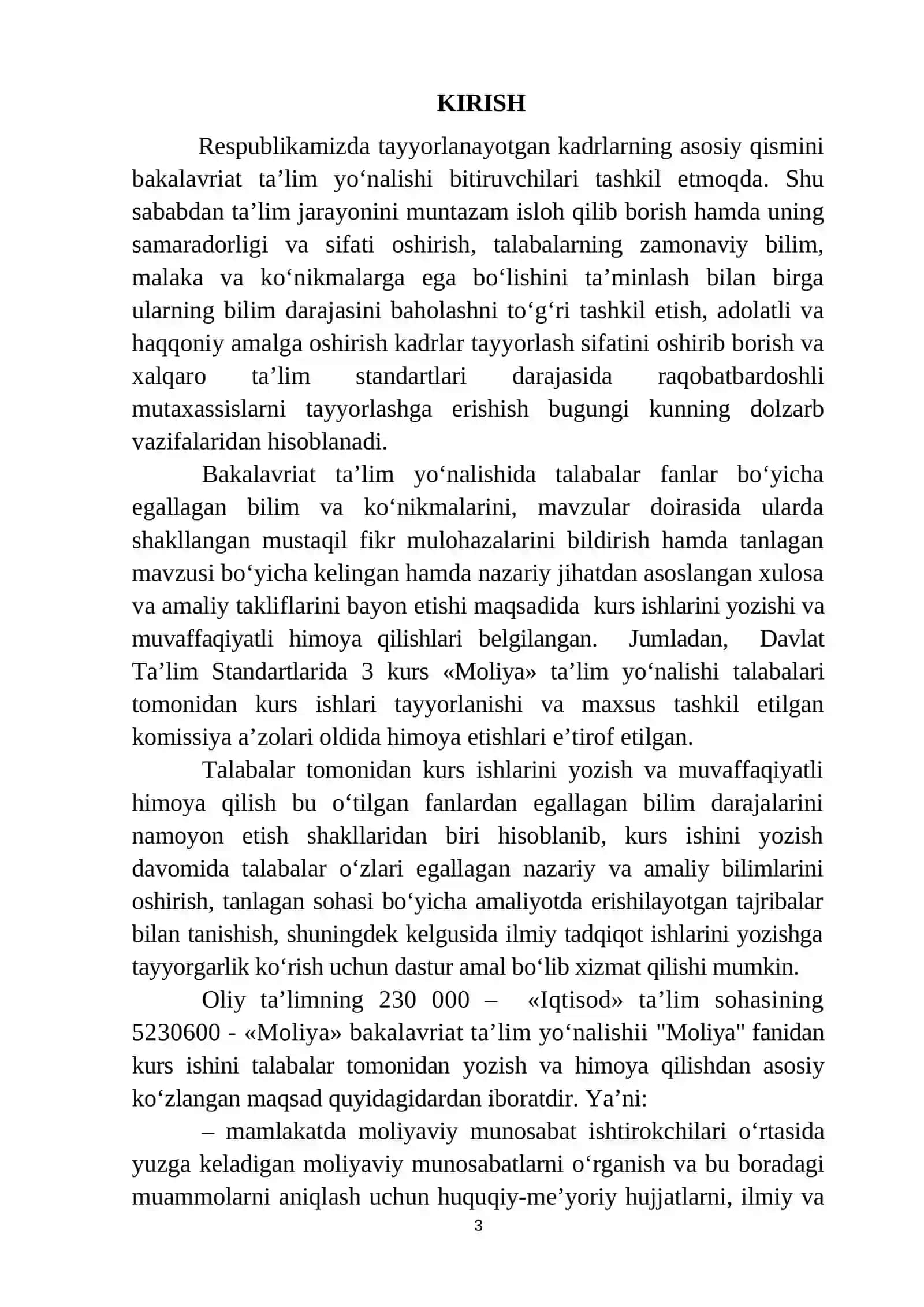 O.Komolov, Z.Shomansurova “Moliya” fanidan kurs ishini bajarish bo‘yicha uslubiy qo‘llanma 3