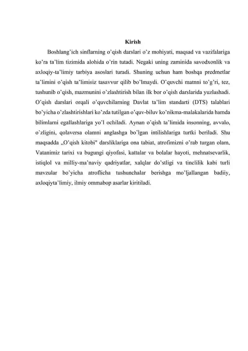 O’qish savodxonligi darslarining maqsad va vazifalari, ta’limiy-tarbiyaviy ahamiyati, qo’llaniladigan metodlar 3