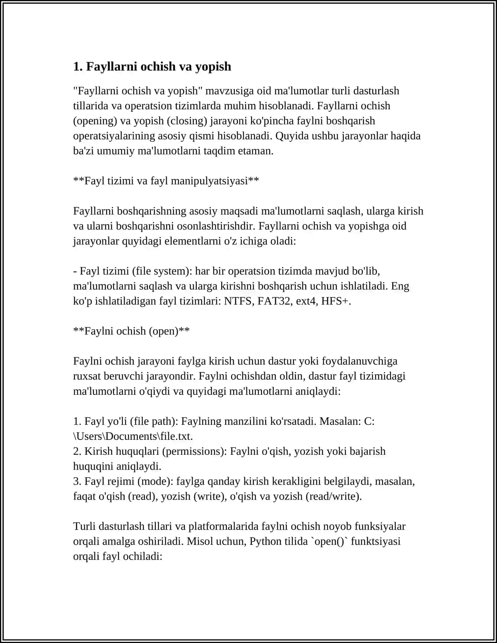 PYTHON DASTURLASH TILIDA FAYLLAR BILAN ISHLASH MAVZUSI VA MAVZUGA MISOLLAR 3