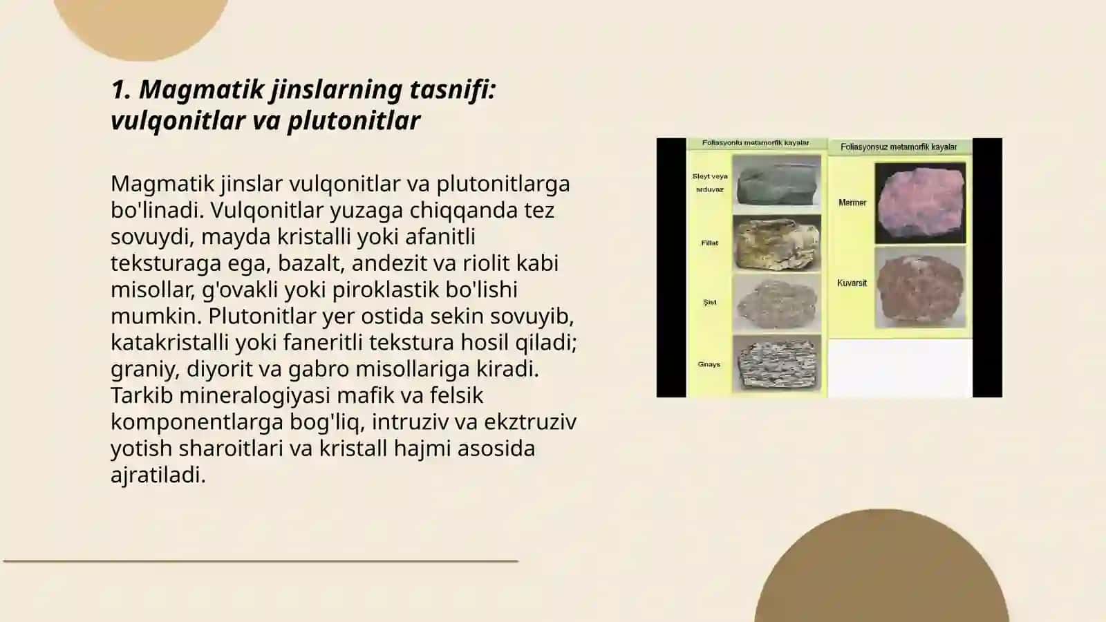 Magmatik va Metamorfik Tog‘ Jinslari: Hosil Bo‘lishi, Yotish Sharoitlari va Teksturalari 3