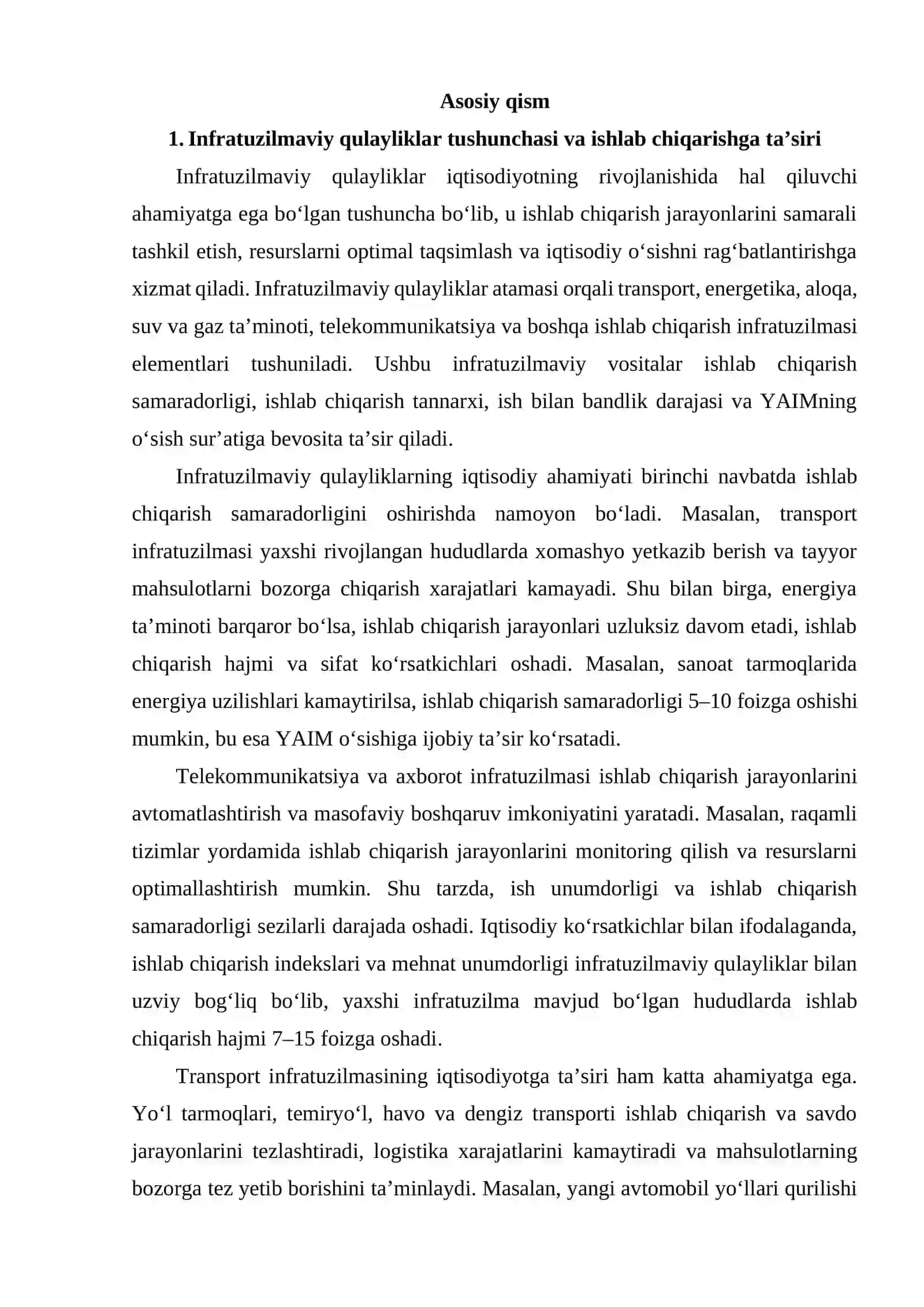 Ishlab chiqarishni takomillashtirishda infratuzilmaviy qulayliklarni baholash yo‘nalishlarini ishlab chiqish 3