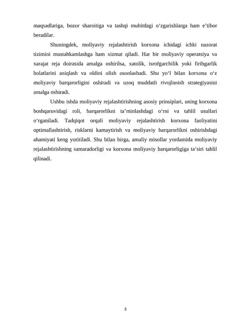 Korxonalarda moliyaviy rejalashtirishning ahamiyatini o’rganish va uning moliyaviy barqarorlikka ta’sirini tahlil qilish 3