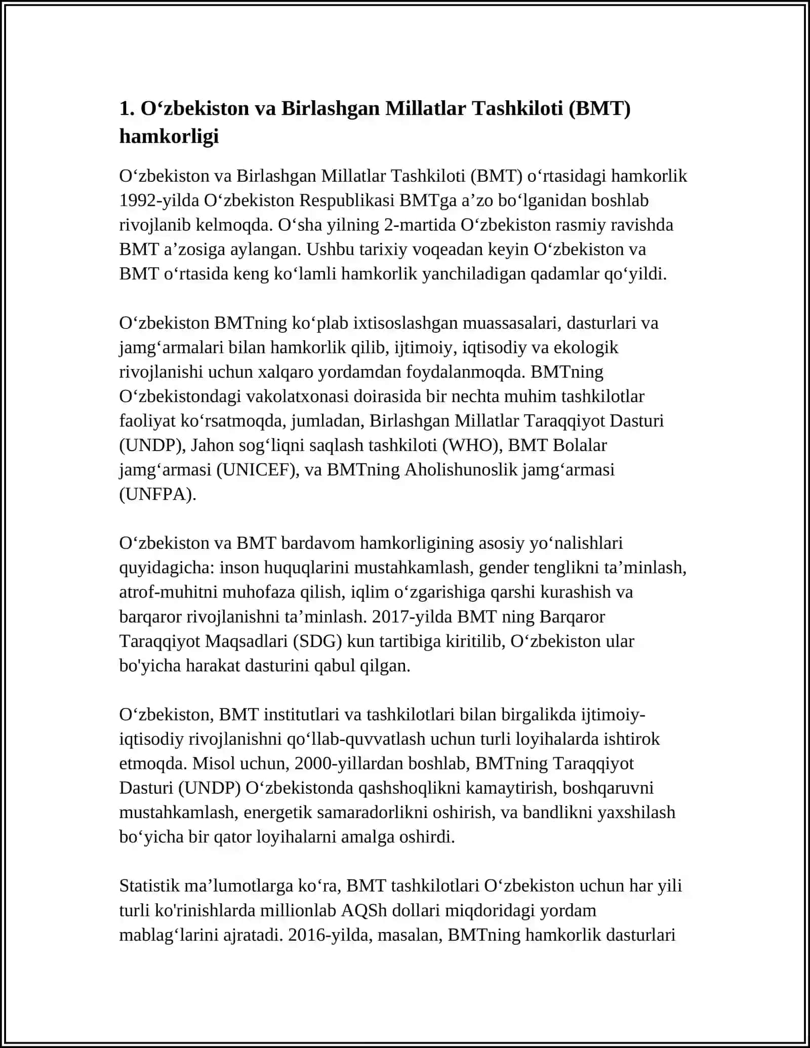 Oʻzbekistonning Xalqaro Tashkilotlar Bilan Hamkorlik Aloqalari 3
