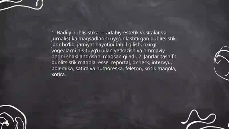 Badiiy publisistik janrlar bo’yicha taqdimottayyorlash 3