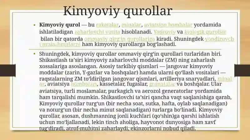 Kimyoviy qurol. Zaxarli moddalarning tasnifi. Kimyoviy vaziyatni baholash 3