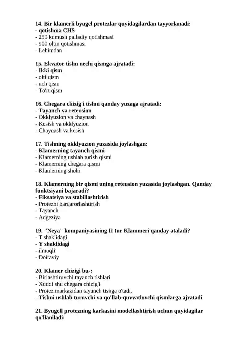 Ortopedik stomatologiya mutaxassisligi bo'yicha shakllantirilgan test savollari ro'yxati 3