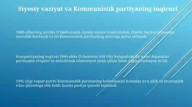 Mustaqillikka erishish arafasida Oʻzbekistondagi ijtimoiy-siyosiy jarayonlar 3