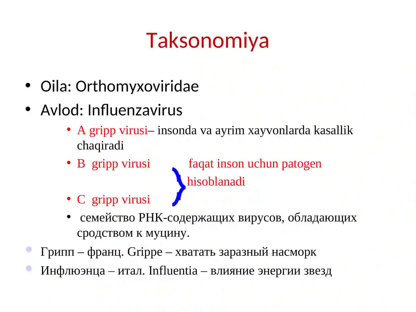 Respirator virusli yuqumli kasallik qo‘zg‘atuvchilari (gripp va paragripp, qizamiq,koronavirusCOVID–19adenoviruslar, qizilcha viruslari qo‘zg‘atuvchilari) 3