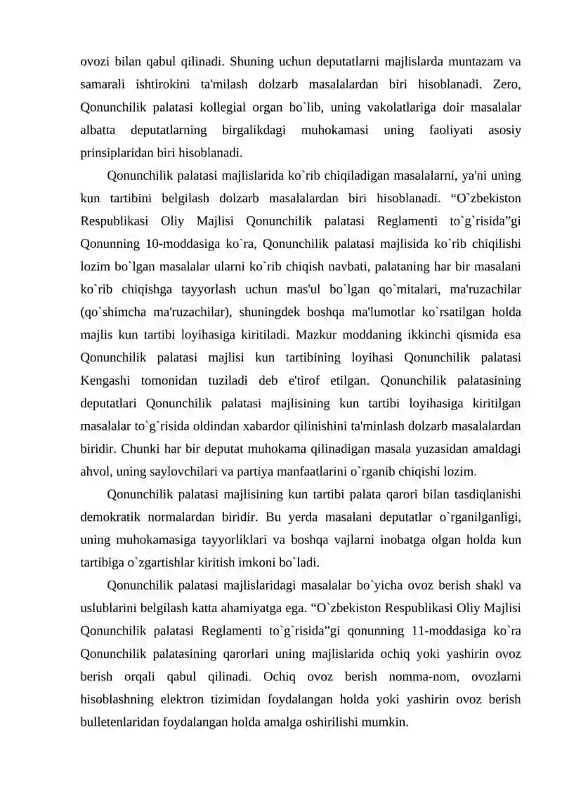 O`zbekiston Respublikasi Oliy Majlis Qonunchilik palatasi va Senati faoliyatining tashkiliy shakllari va Xalq deputatlari viloyat, tuman, shahar Kengashining sessiyalari va doimiy komissiyalari. 3