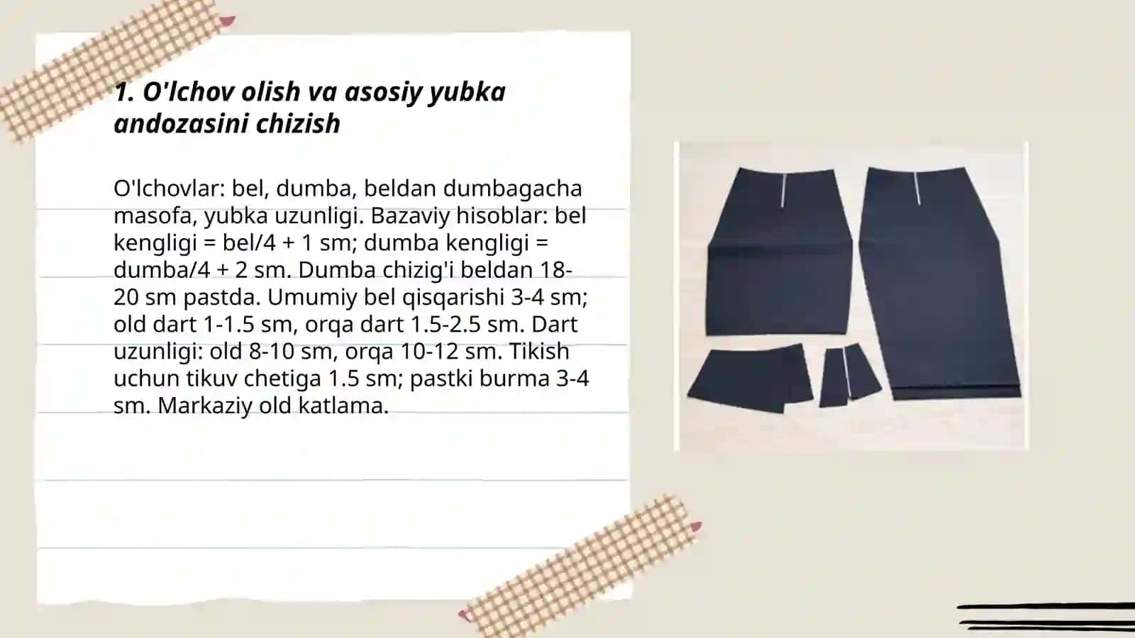 Yubkalar uchun andoza tayyorlash,gazlamaga joylashtirish va bichish tartibi 3