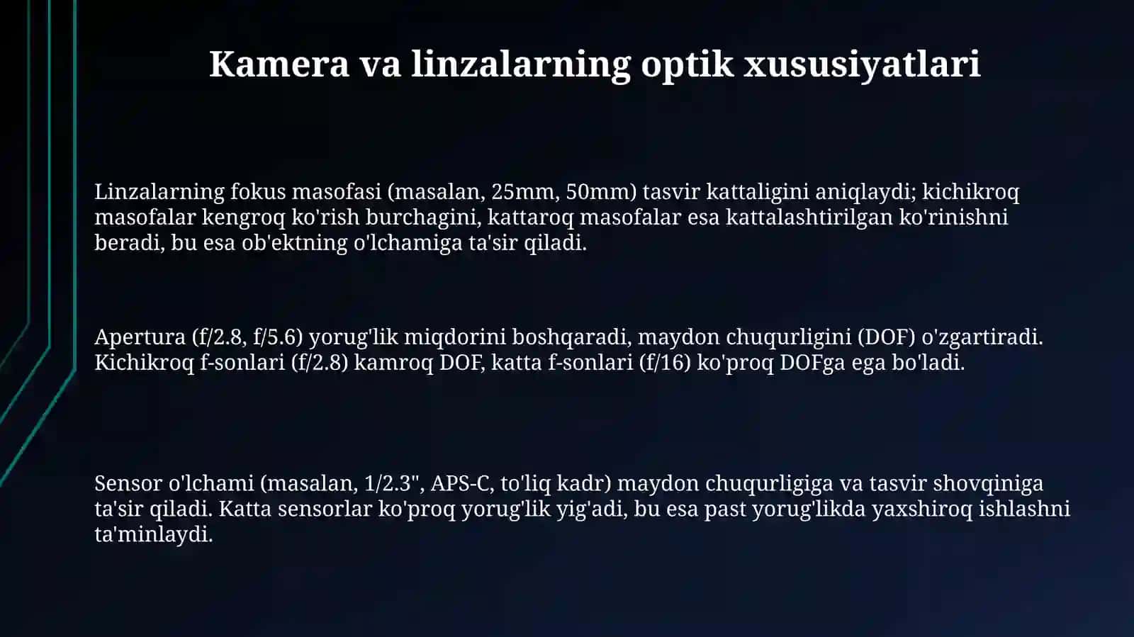Kompyuterli ko'rish tizimlari uchun kameralar va linzalarning optik xususiyatlari 3