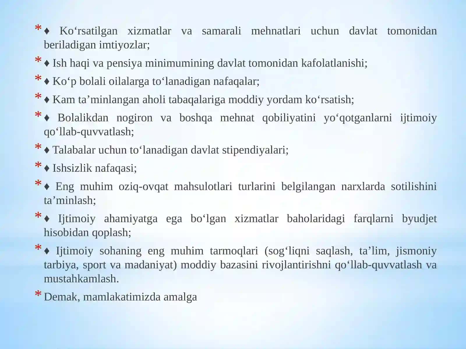 7-MAVZU: O‘ZBEKISTON RESPUBLIKASIDA IJTIMOIY SOHADAGI ISLOHOTLAR 3
