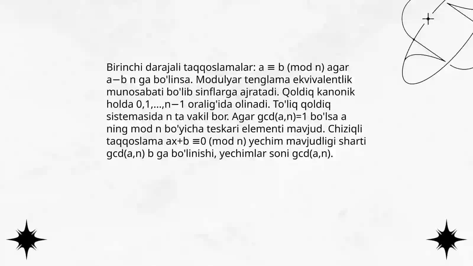 Birinchi darajali taqqoslamalar.Qoldiqlar haqidagi Xitoy teoremasi 3