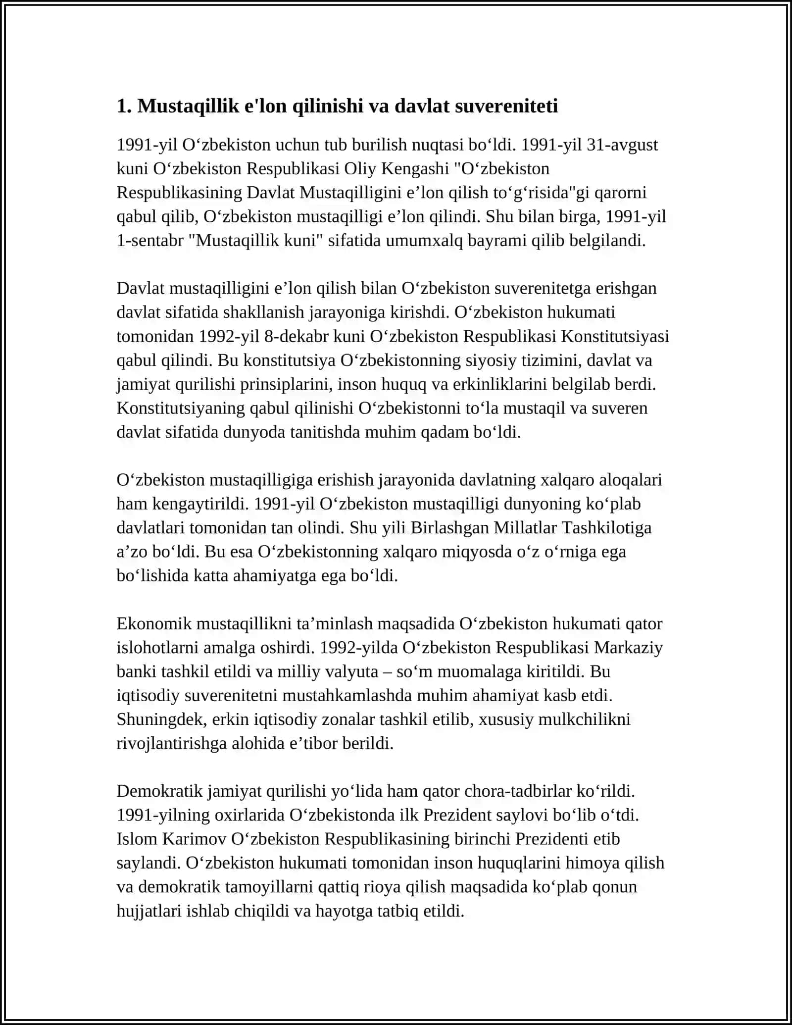 O‘zbekiston Mustaqillikka Erishishi va Mustaqil Davlat Sifatida Shakllanishi (1991–1995-Yillar) 3