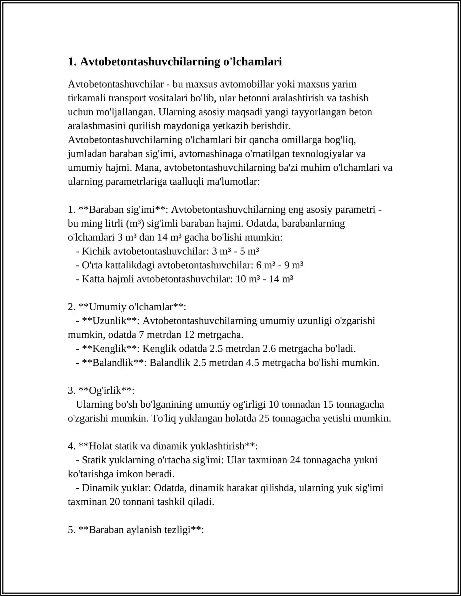 AVTOBETONTASHUVCHILAR, QORISHTIRGICHLARNING ASOSIY PARAMETRLARI 3