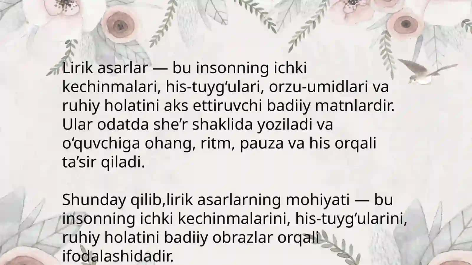 Lirik turdagi asarlarni ifodali òqish.Barmoq vaznidagi asarlarni òqish texnikasi 3