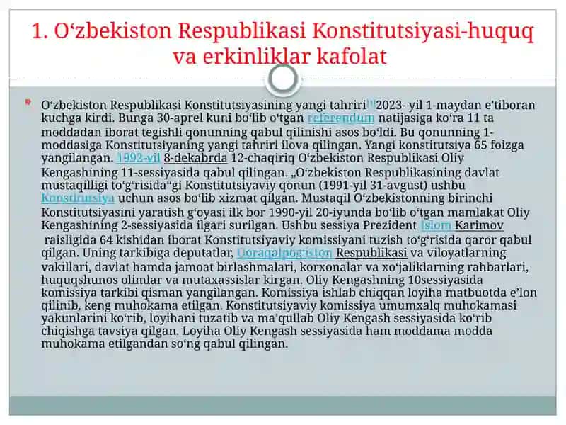 O‘zbekiston Respublikasi Konstitutsiyasi-huquq va erkinliklar kafolati, korrupsiya, inson salomatligi o'qadriyat sifatida, fuqarolik jamiyat institutlarining shakllanishi 3