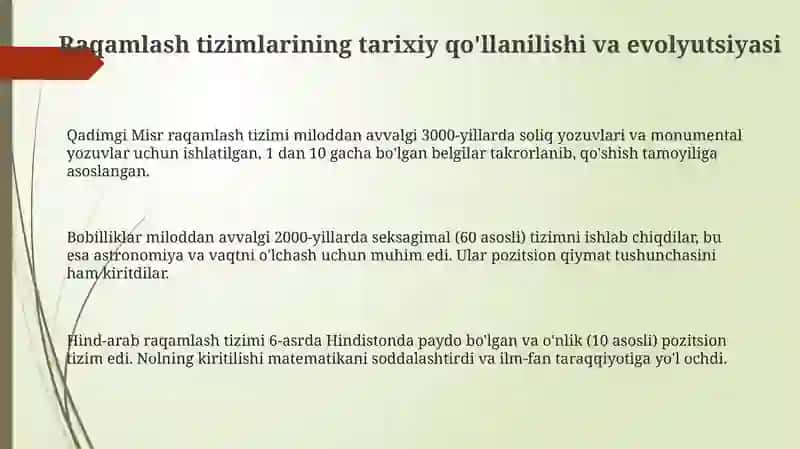 Turli sanoq sistemalarining tarixda qoʻllanilishi va ularning ishlash asoslarini aytib bering 3